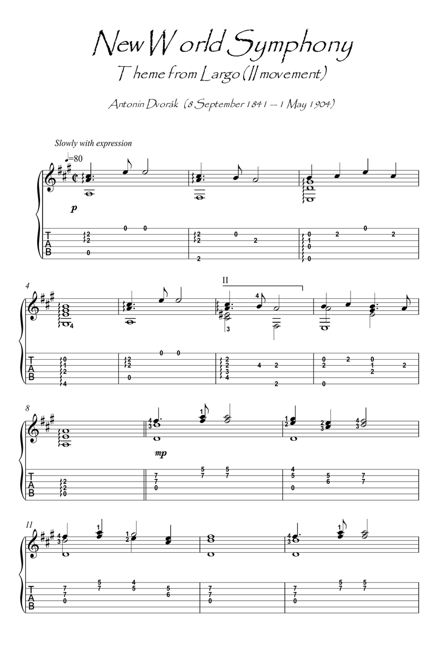 New World Symphony - Largo Theme guitar solo Acoustic Guitar scores gallery preview page 1