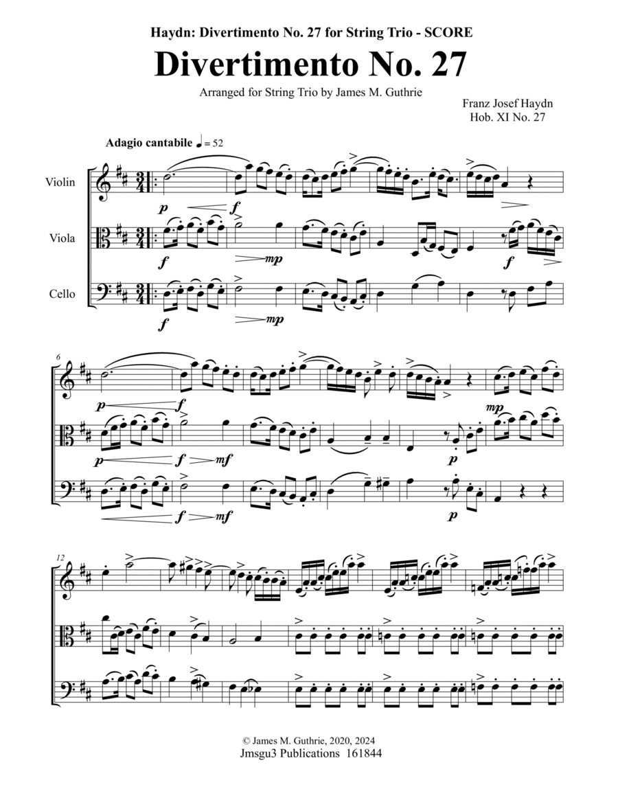 Haydn: Divertimento No. 27 for String Trio String Trio scores gallery preview page 1