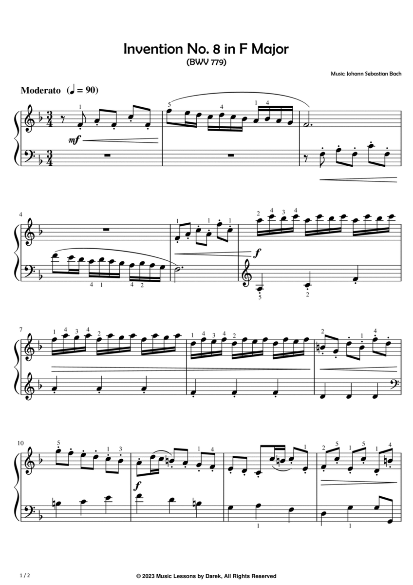 Invention No. 8 in F Major (EASY PIANO) (BWV 779) [Johann Sebastian Bach] image number null