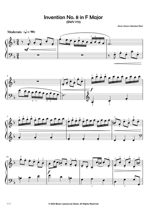 Book cover for Invention No. 8 in F Major (EASY PIANO) (BWV 779) [Johann Sebastian Bach]