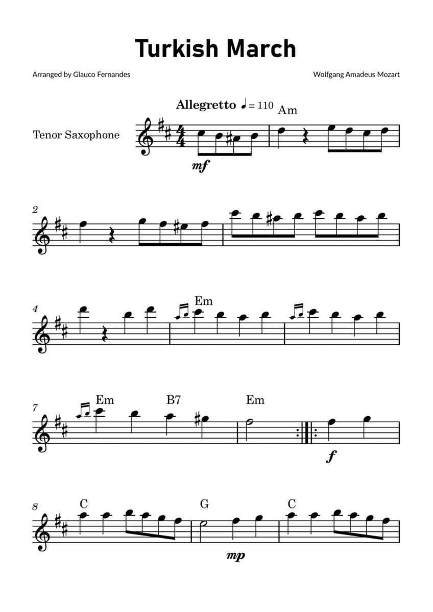 Turkish March by Mozart - Tenor Saxophone Solo with Chord Notations image number null