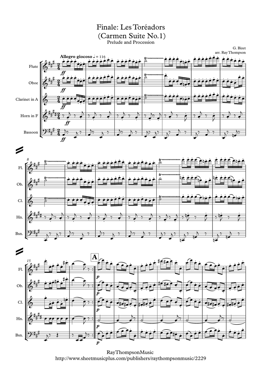 Bizet: Finale: Les Toréadors (Carmen Suite No. 1) - wind quintet Woodwind Quintet scores gallery preview page 1