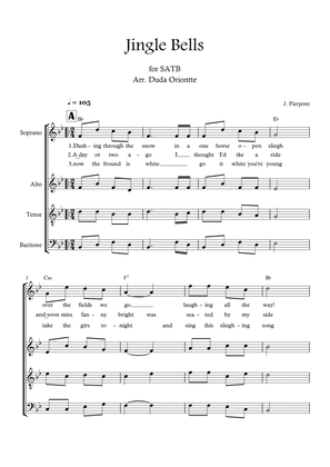 Jingle Bells (Bb major - SATB - with chords - no piano - four staff)