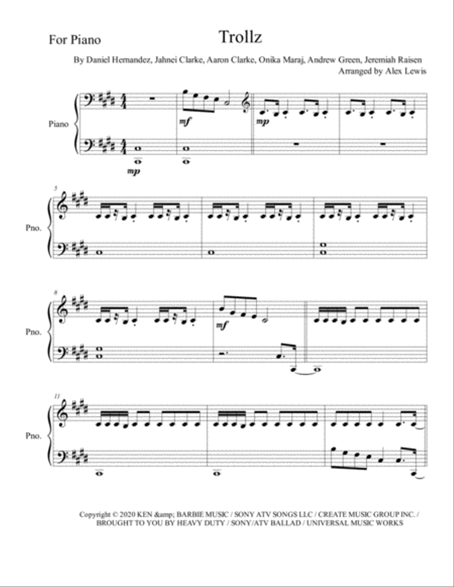Trollz Trollz Easy Piano scores gallery preview page 1