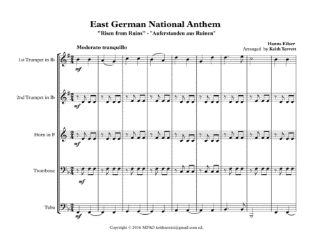 East German National Anthem  ''Risen from Ruins'' - "Auferstanden aus Ruinen" for Brass Quintet image number null