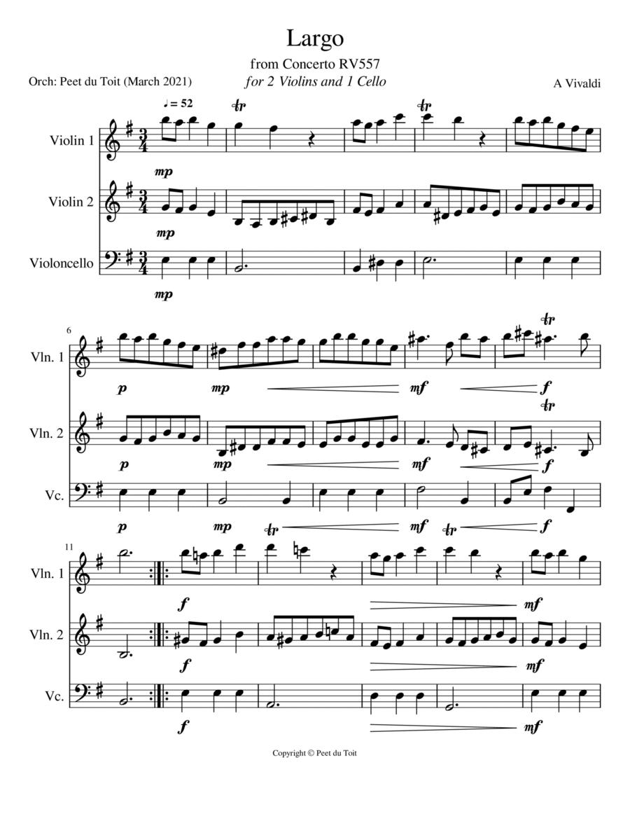 Largo from RV557 - Antonio Vivaldi (2 Violins & 1 Cello) String Trio scores gallery preview page 1