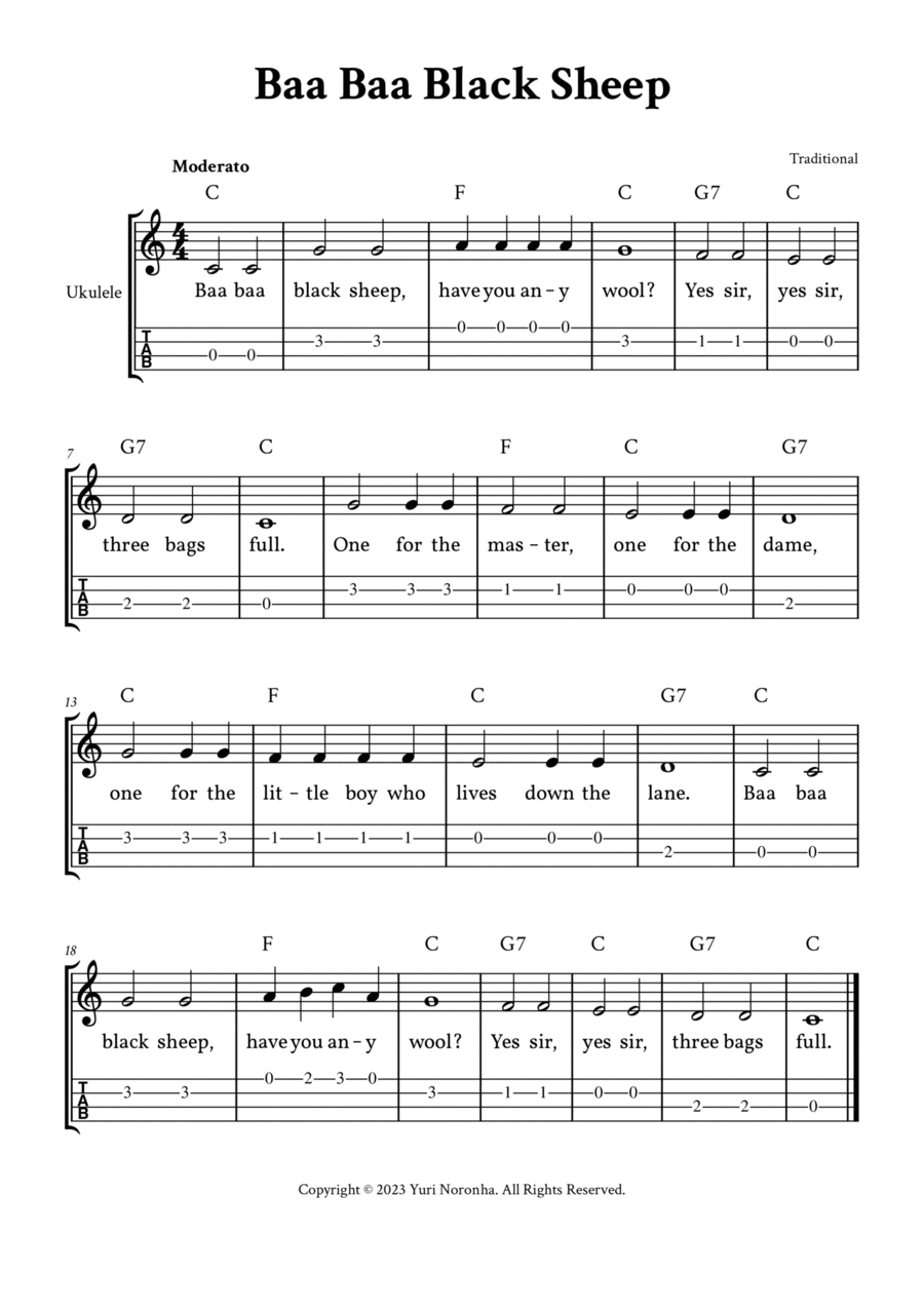 Baa Baa Black Sheep - For Ukulele (C Major - with TAB, Chords and Lyrics) Baa Baa Black Sheep - For Ukulele (C Major - with TAB, Chords and Lyrics) Ukulele scores gallery preview page 1