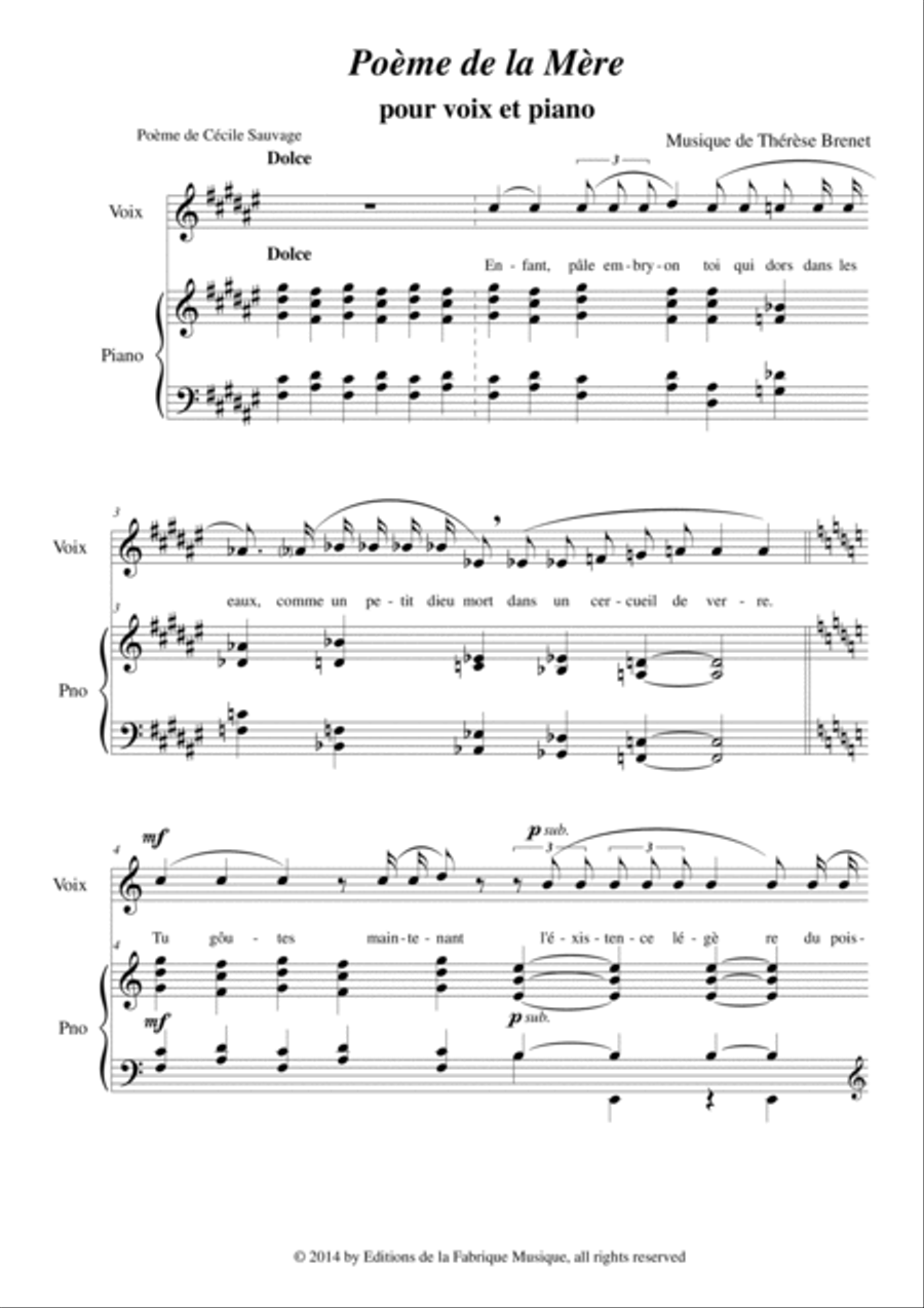 Therese Brenet : Poeme de la Mere for medium voice and piano Medium Voice scores gallery preview page 2