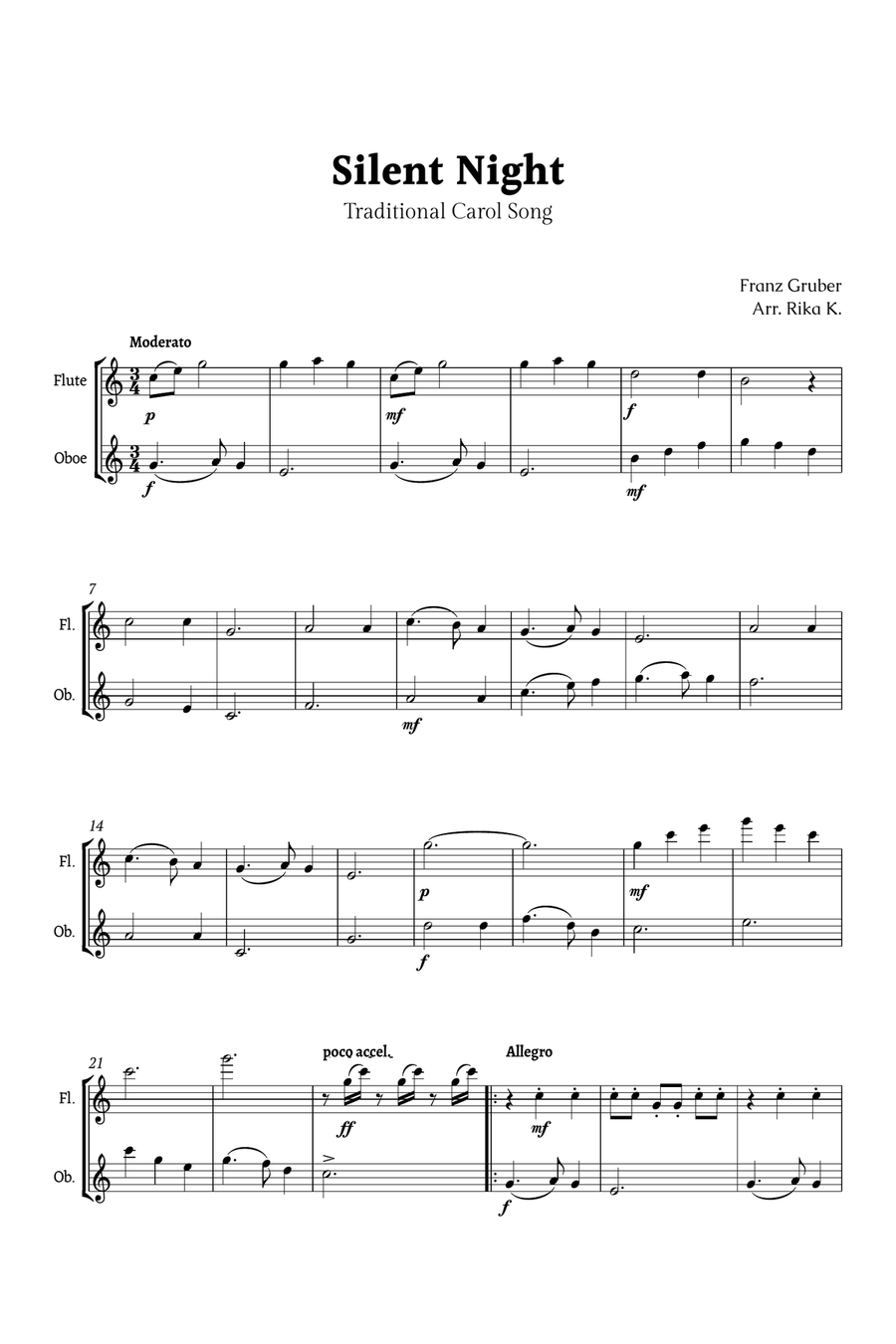 Silent Night for Flute and Oboe Woodwind Duet scores gallery preview page 1