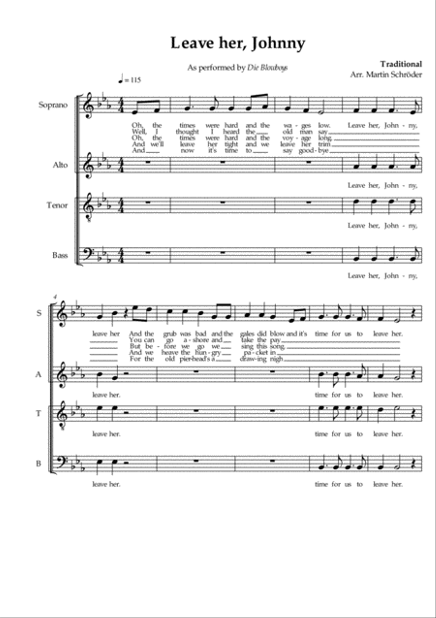 Leave her, Johnny (SATB) - Sea Shanty arranged for mixed choir (as performed by Die Blowboys) 4-Part scores gallery preview page 2