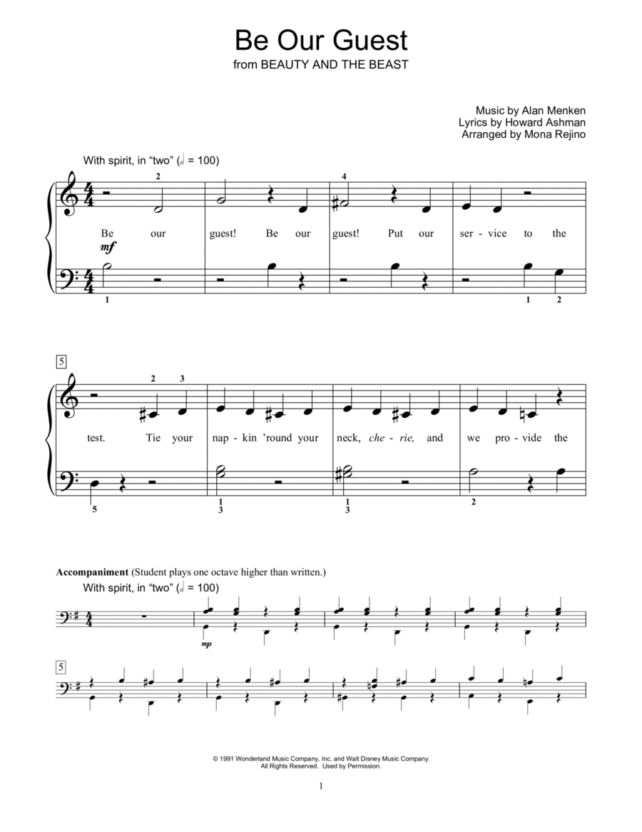 Be Our Guest (from Beauty And The Beast) (arr. Mona Rejino) Voice scores gallery preview page 1