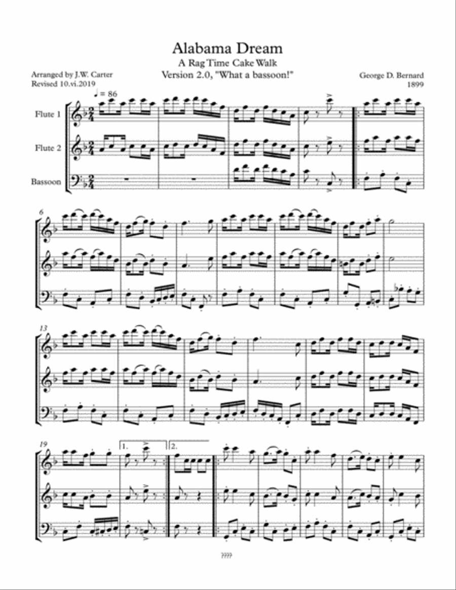 Alabama Dream (Cakewalk), by George D. Bernard (1899), arranged for 2 Flutes & Bassoon Woodwind Trio scores gallery preview page 1