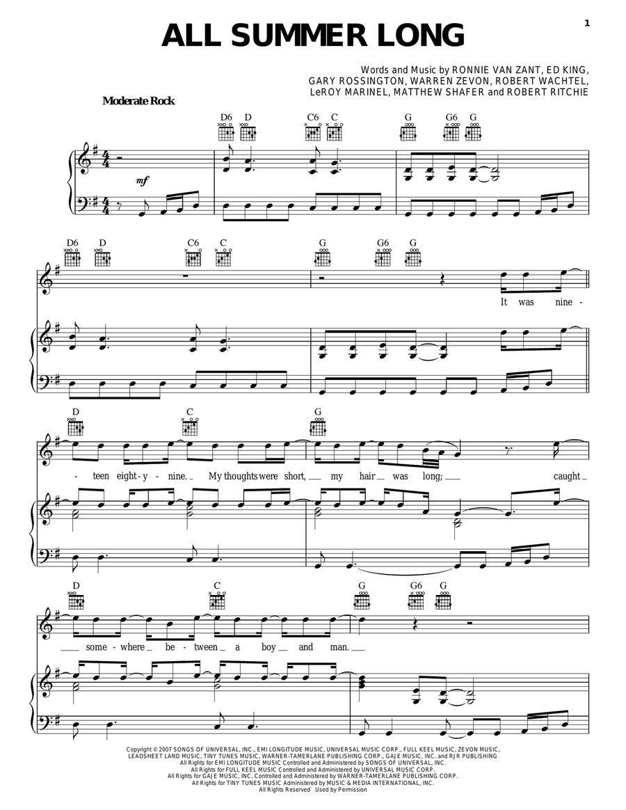 All Summer Long Piano, Vocal, Guitar scores gallery preview page 1