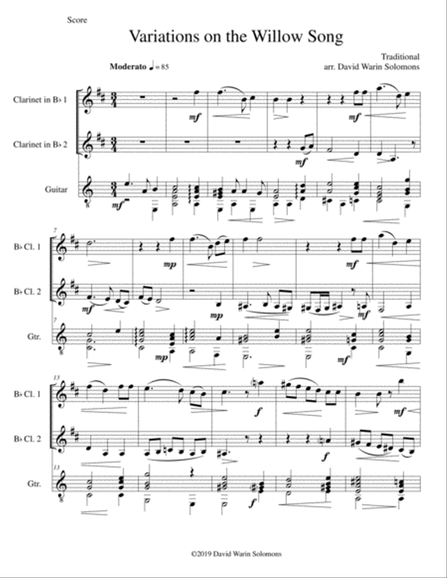 Variations on The Willow Song for 2 clarinets and guitar Clarinet Duet scores gallery preview page 1