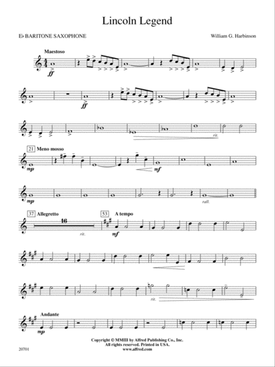Lincoln Legend: E-flat Baritone Saxophone Concert Band scores gallery preview page 1