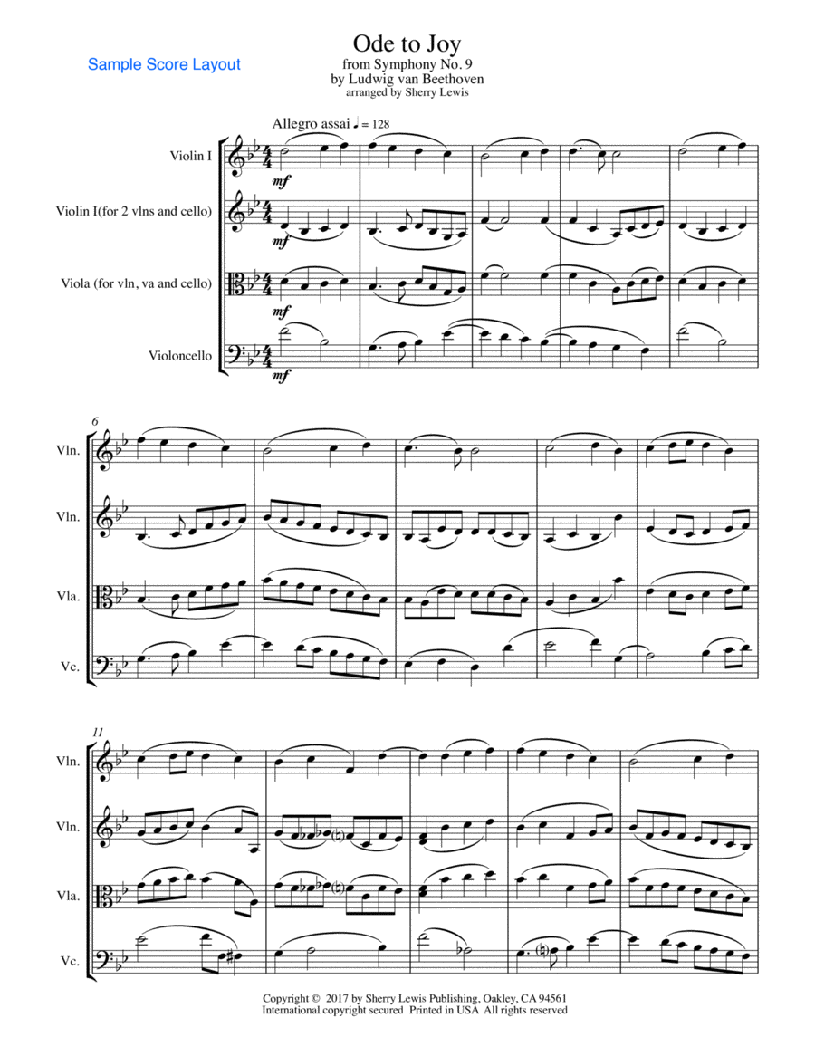 ODE TO JOY, Beethoven, String Trio, Intermediate Level for 2 violins and cello or violin, viola and String Trio scores gallery preview page 1