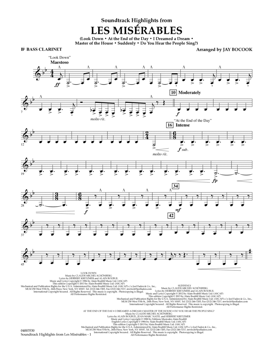 Soundtrack Highlights from Les Miserables - Bb Bass Clarinet Concert Band scores gallery preview page 1