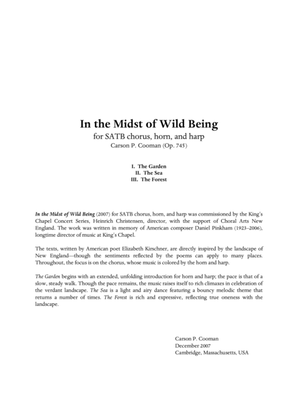Book cover for Carson Cooman - In the Midst of Wild Being (2007) for SATB chorus, horn, and harp, full score