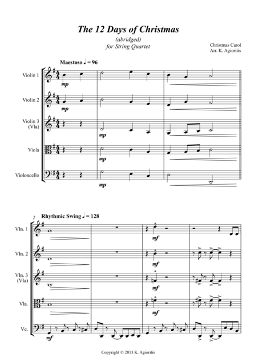 The 12 Days of Christmas - for String Quartet The 12 Days of Christmas - for String Quartet String Quartet scores gallery preview page 1