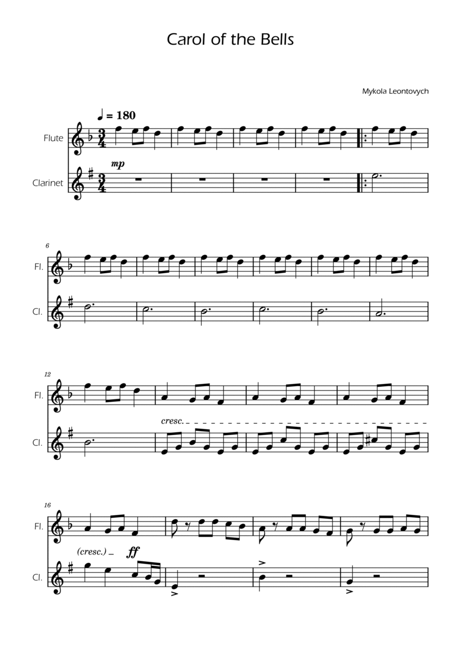 Carol of the Bells - Flute and Clarinet Duet Woodwind Duet scores gallery preview page 1