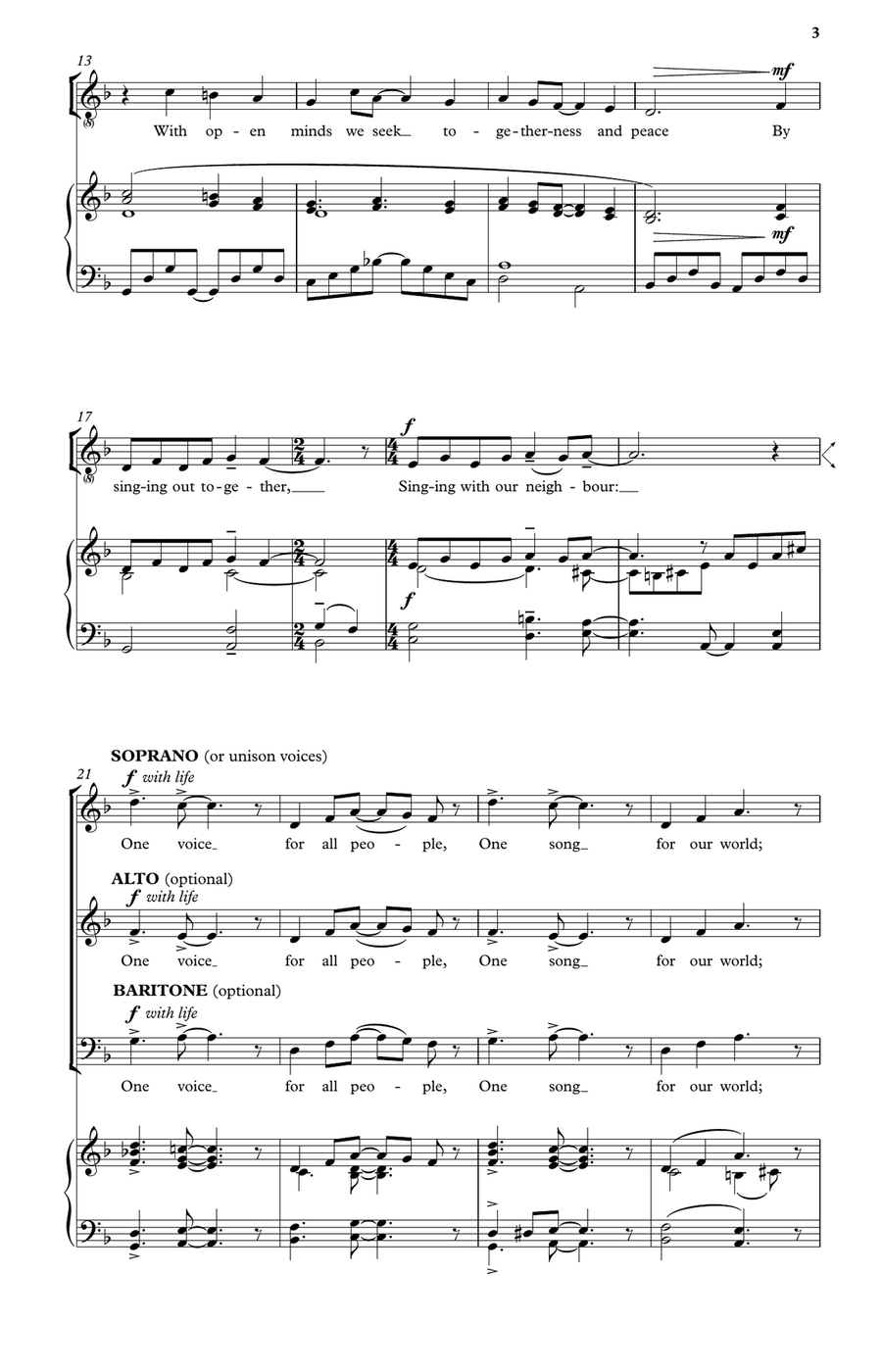 One Voice for All (mixed voice version) 3-Part scores gallery preview page 3