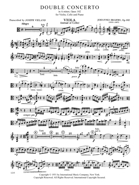 Viola Part For The Double Concerto, Opus 102 (To Replace The Cello)