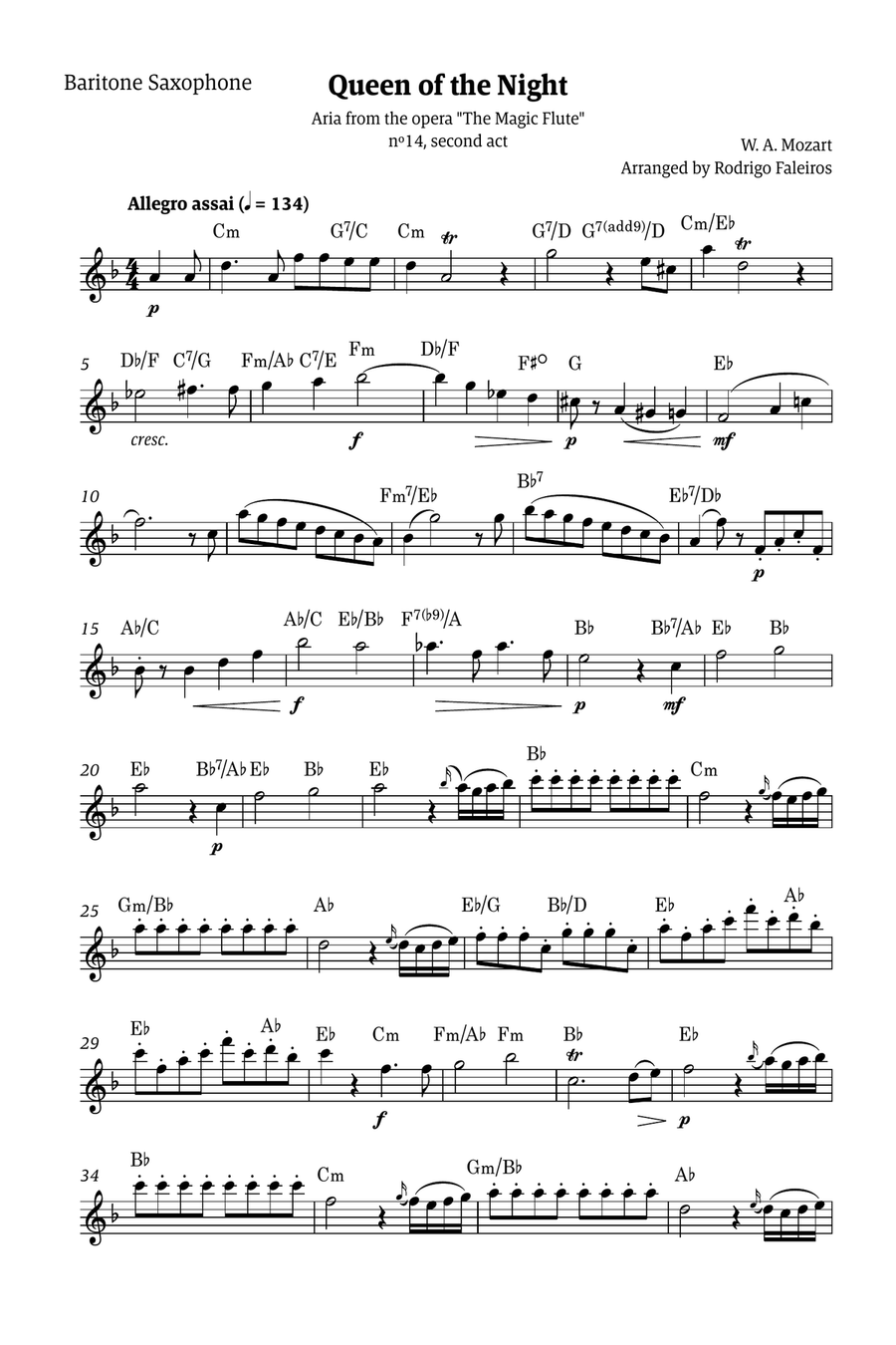Queen of the Night - for solo baritone saxophone (with chords) Chamber Music scores gallery preview page 1