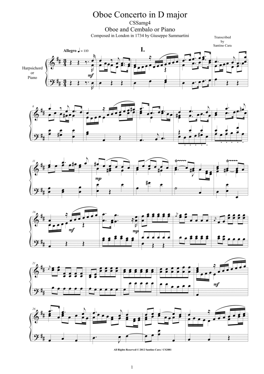 Sammartini - Concerto in D major CSSamg4 for Oboe and Cembalo or Piano Oboe scores gallery preview page 1