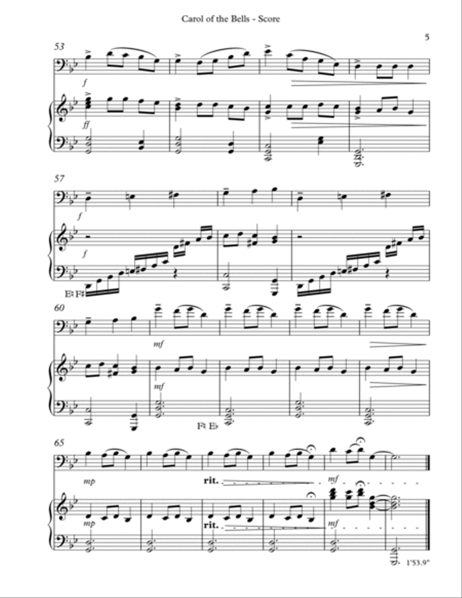 Carol of the Bells, Duet for Cello and Pedal Harp String Duet scores gallery preview page 5