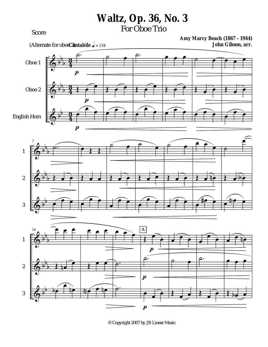 Waltz by Amy Beach set for 2 oboes and English Horn Trio Woodwind Trio scores gallery preview page 1