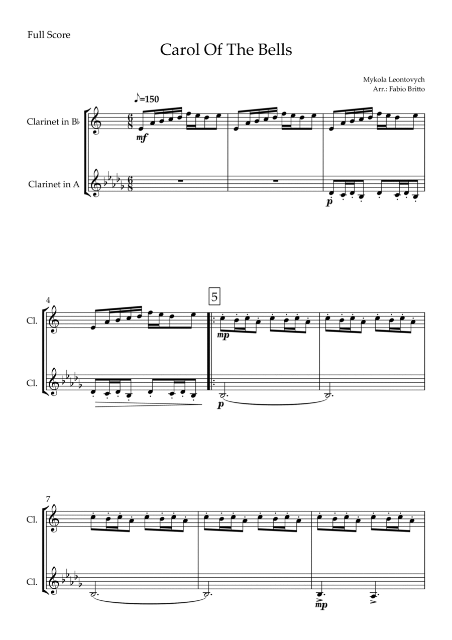 Carol Of The Bells (Mykola Leontovych) for Clarinet in Bb & Clarinet in A Duo Clarinet Duet scores gallery preview page 1