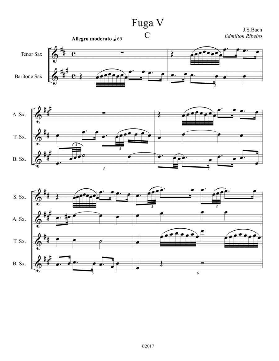 Fuga V Well-tempered clavier book 1 Saxophone Quartet scores gallery preview page 1