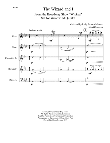 The Wizard And I set for Woodwind Quintet image number null