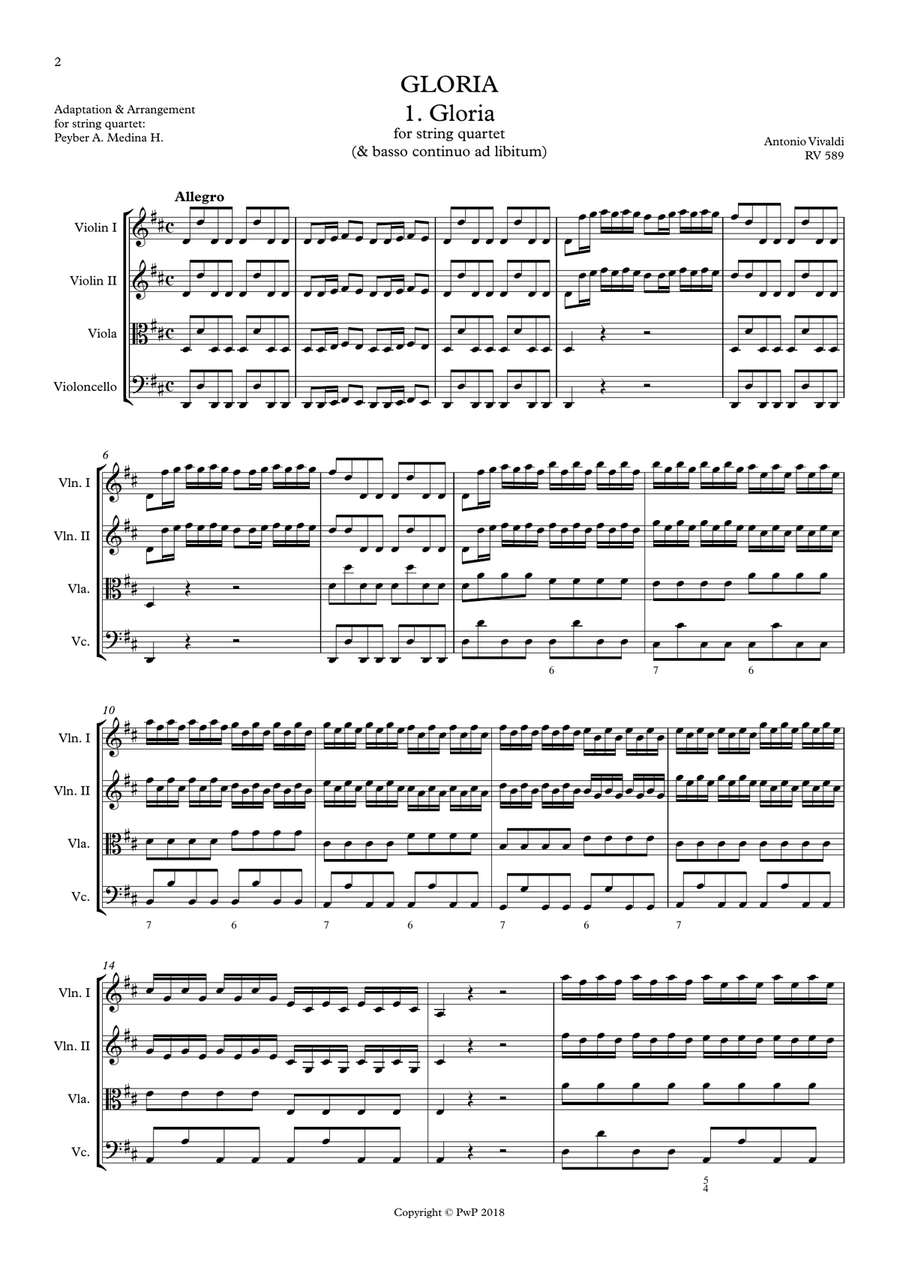 Vivaldi - RV 589, GLORIA - 1. Gloria, for string quartet String Quartet scores gallery preview page 2