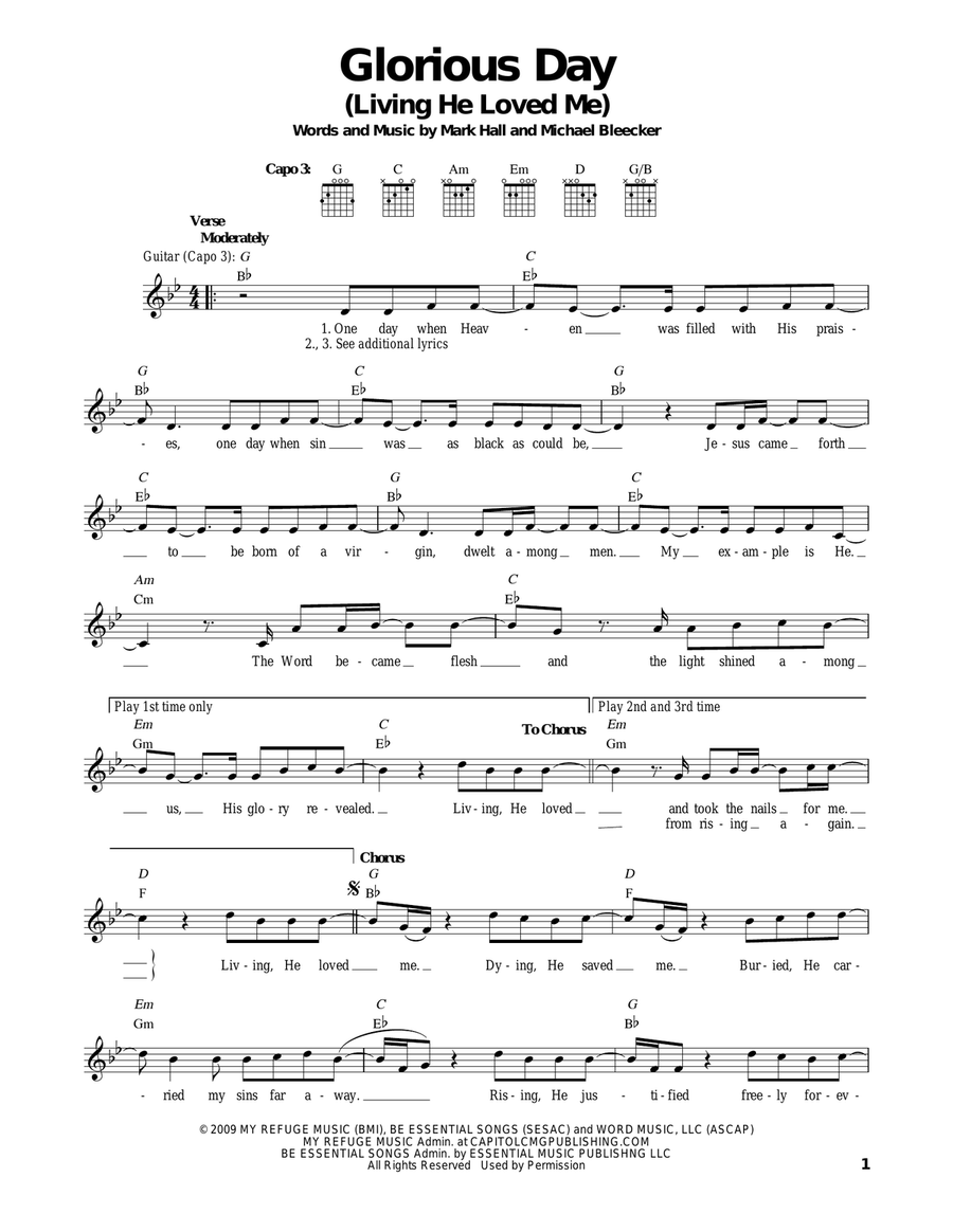 Glorious Day (Living He Loved Me) Easy Guitar scores gallery preview page 1