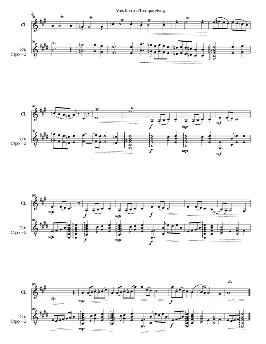 Variations on Tant que vivray for clarinet and guitar Clarinet scores gallery preview page 4