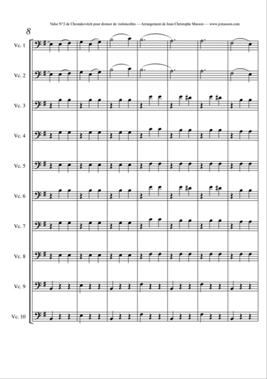 Valse n°2 by Chostakovitch for 10 cellos --- FULL SCORE AND PARTS --- Arrangement by Jean-Christoph Cello scores gallery preview page 3