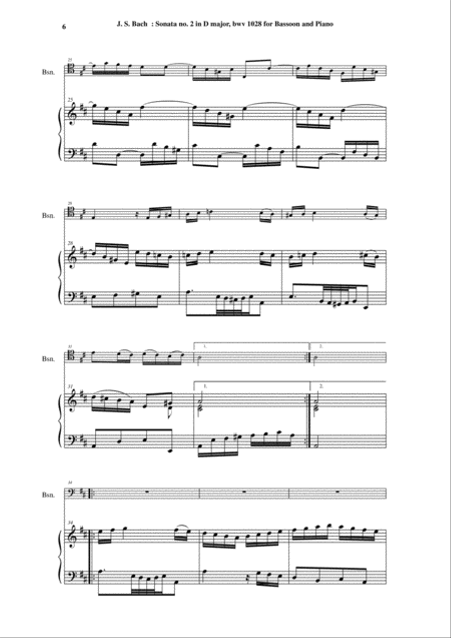 J. S. Bach: Viola da Gamba Sonata no. II in D major, BWV 1028, arranged for bassoon and piano Bassoon scores gallery preview page 6