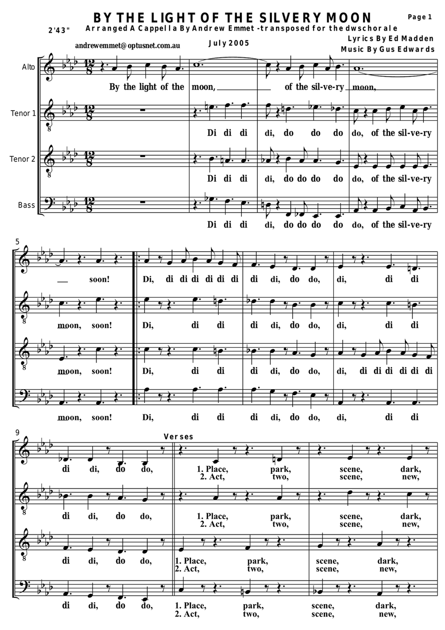 By the light of the silvery moon for men's voices 4-Part scores gallery preview page 1
