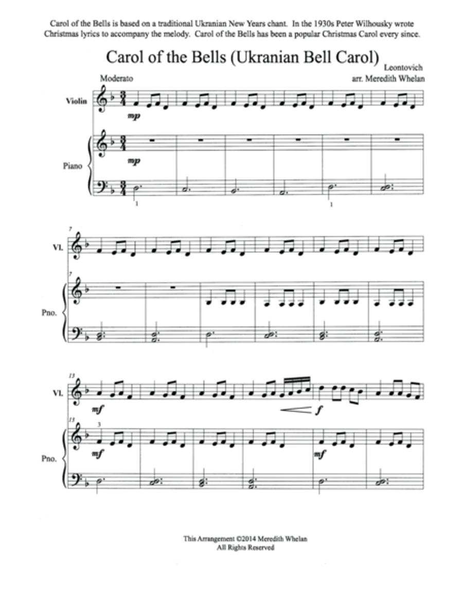 Christmas Duets for Violin & Piano: Ukranian Bell Carol (Carol of the Bells) Violin Solo scores gallery preview page 1
