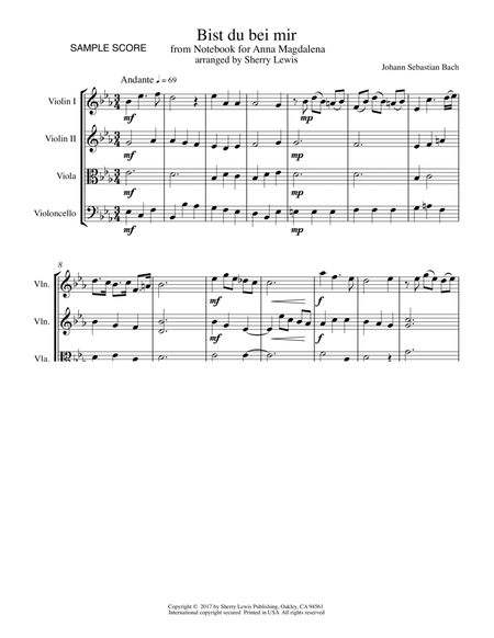 BIST DU BEI MIR String Quartet, Intermediate Level for 2 violins, viola and cello image number null