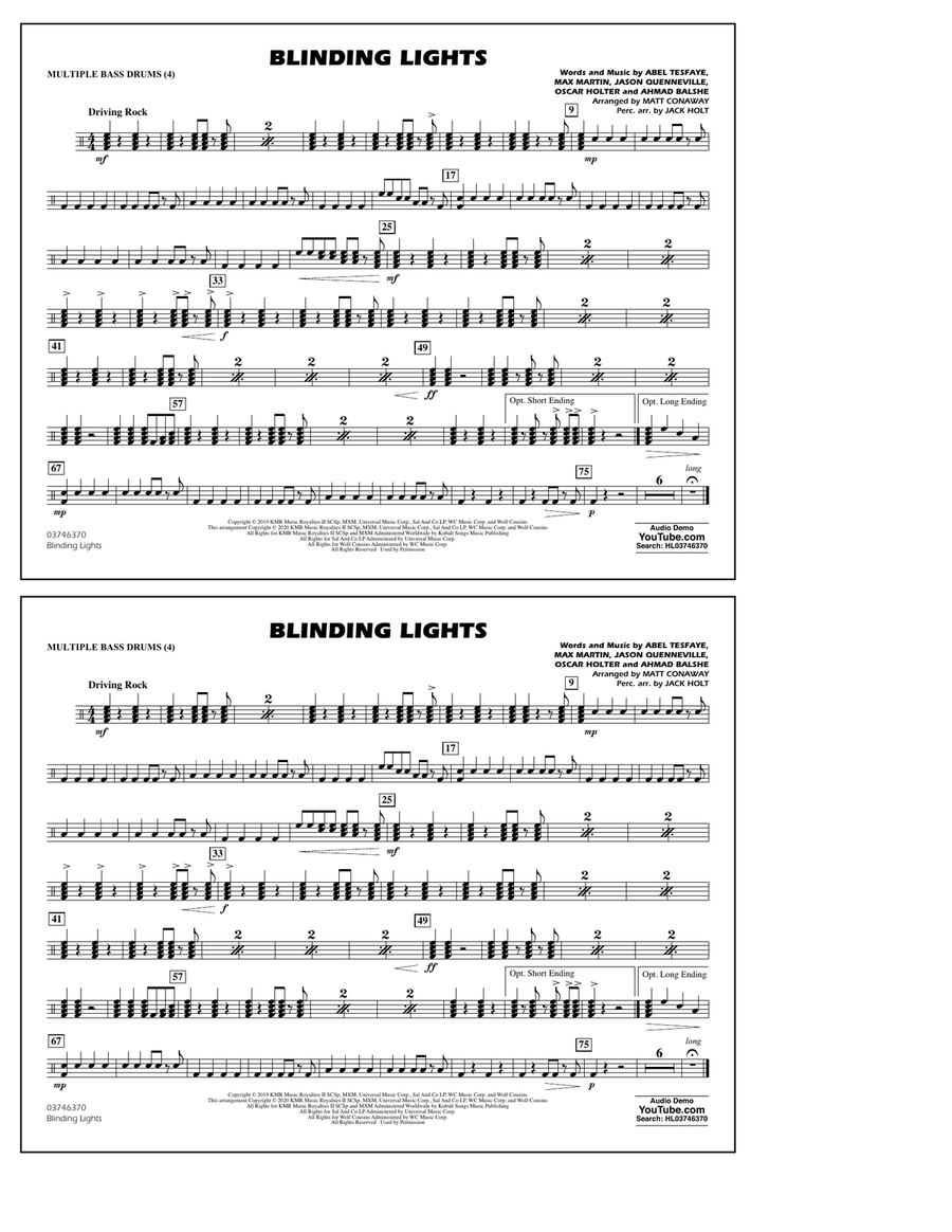 Blinding Lights (arr. Matt Conaway) - Multiple Bass Drums Marching Band scores gallery preview page 1