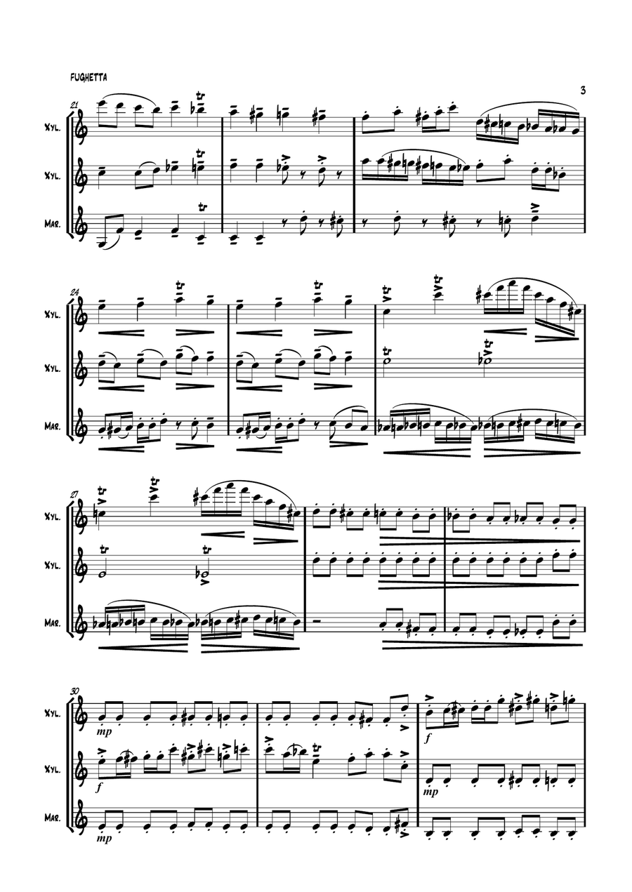 'Fughetta' by Stephen Davies for 2 Xylophones & Marimba Small Ensemble scores gallery preview page 3