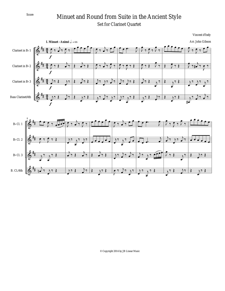 Minuet and Round from d'Indy Suite in the Ancient Style set for Clarinet Quartet Clarinet Quartet scores gallery preview page 1