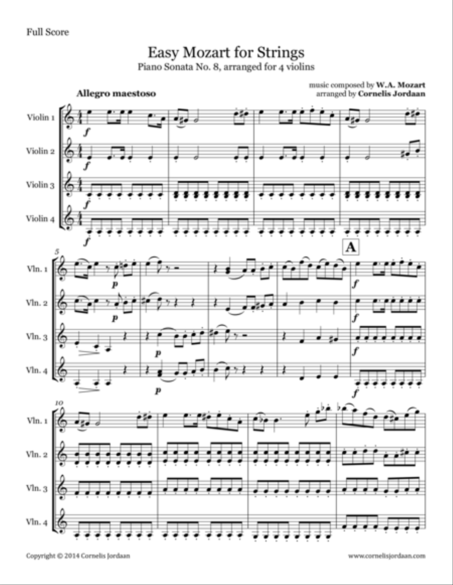 Easy Mozart for Strings - Piano Sonata No. 8, arranged for 4 violins String Orchestra scores gallery preview page 1