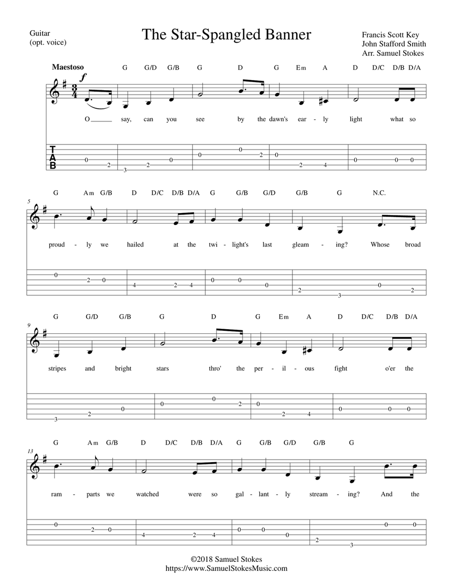 The Star-Spangled Banner - for easy guitar solo with TAB (optional voice) Acoustic Guitar scores gallery preview page 1