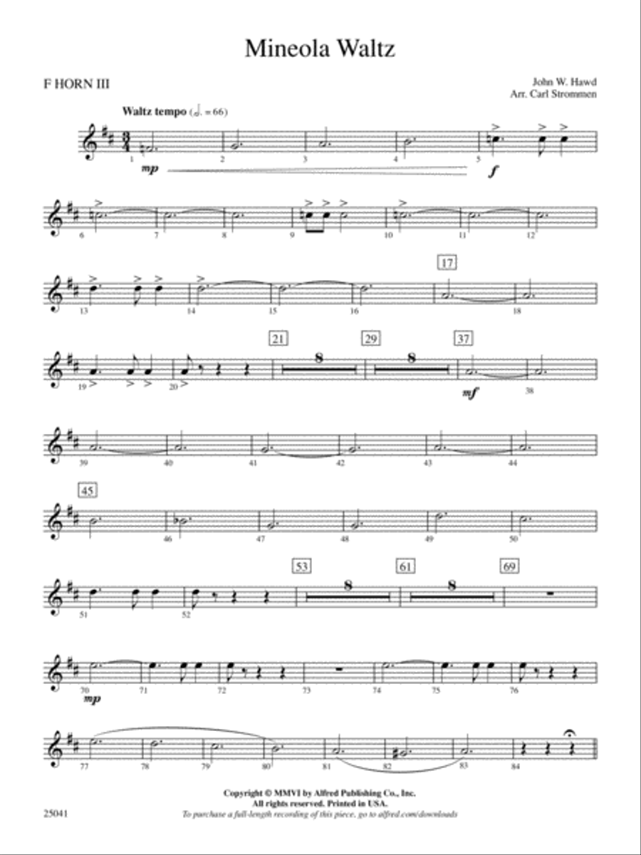 Mineola Waltz: 3rd F Horn Full Orchestra scores gallery preview page 1
