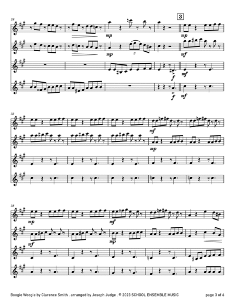 Boogie Woogie by Clarence Smith for Clarinet Quartet in Schools Clarinet Quartet scores gallery preview page 3