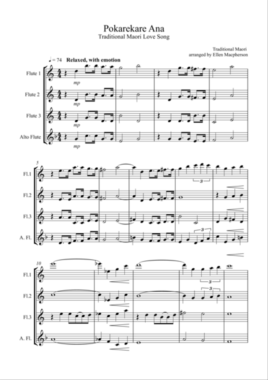 Pokarekare Ana for Flute Quartet (3 concert flutes & 1 alto flute) Flute Quartet scores gallery preview page 1