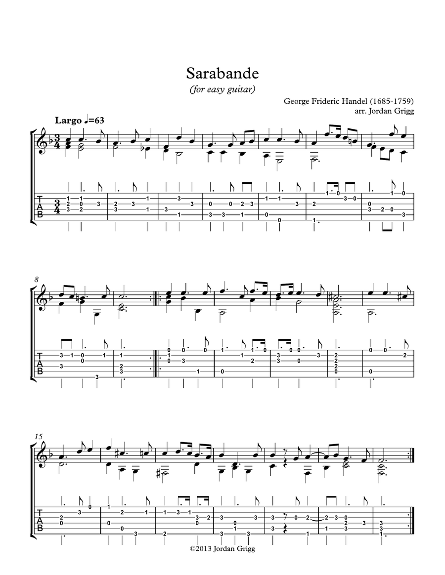 Sarabande (for easy guitar) Classical Guitar scores gallery preview page 1